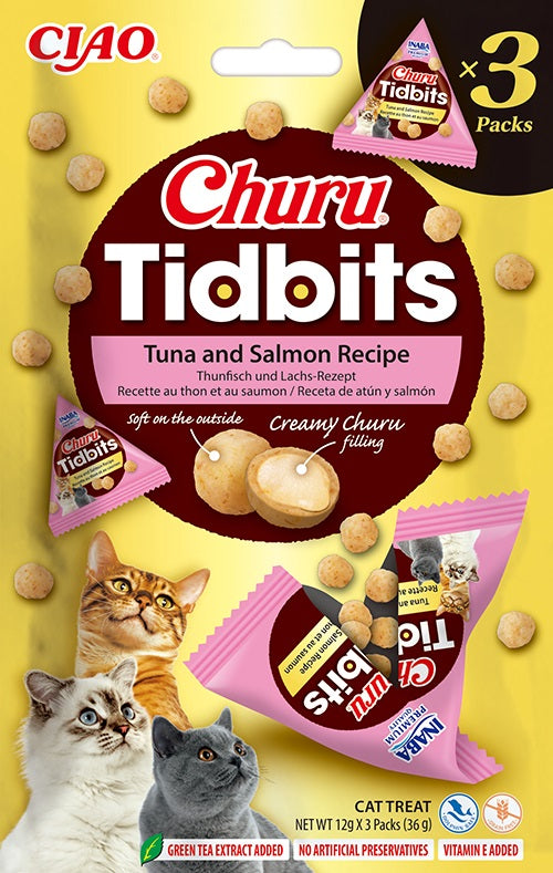 INABA Churu Tidbits Kattensnack - Tonijn en Zalm Recept (3 stuks) - Dierenshop Lady