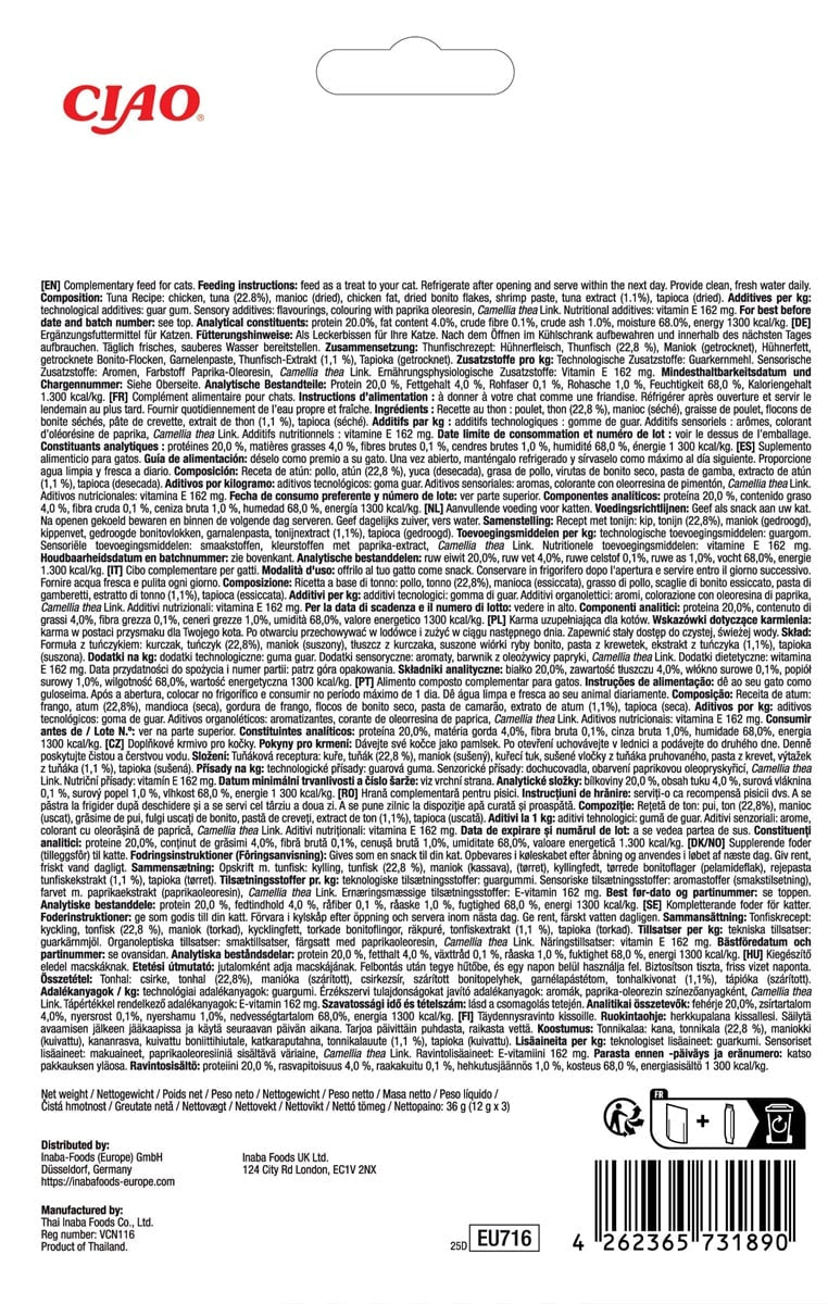 INABA Churu Tidbits Kattensnack - Tonijn Recept (3 stuks) - Dierenshop Lady